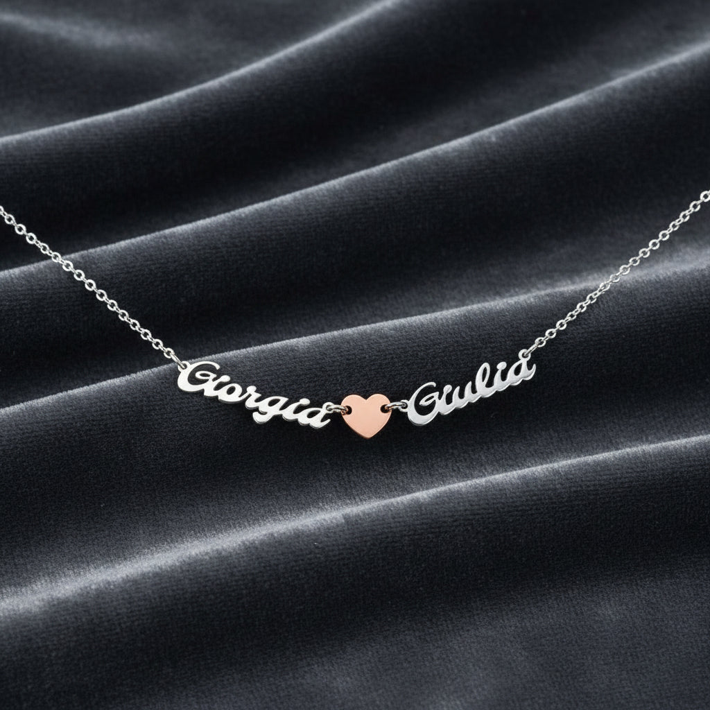 Collana doppio nome con cuore argento sterling 925 rodiato anallergico regalo