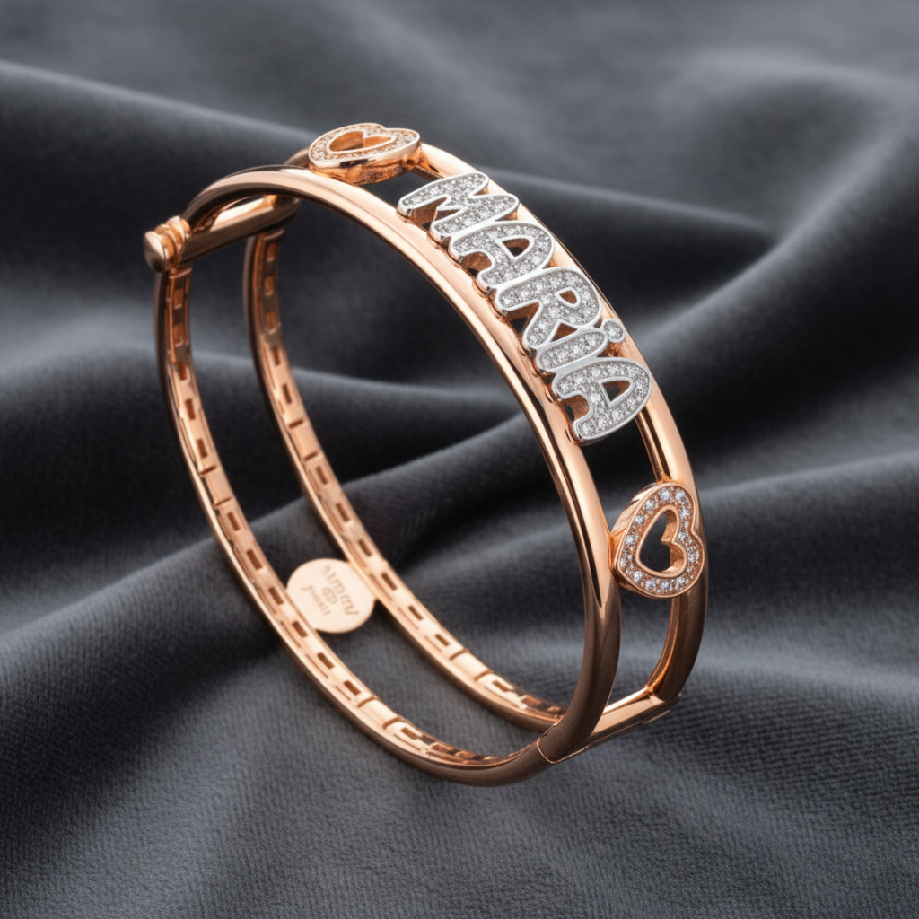 Varianti di colore manetta rigida ArtMID: argento rodiato, oro giallo e oro rosa con scritte in zirconi.