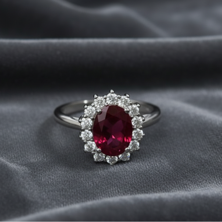 Varianti anello modello Principessa in argento con pietre verde smeraldo e rosso rubino.