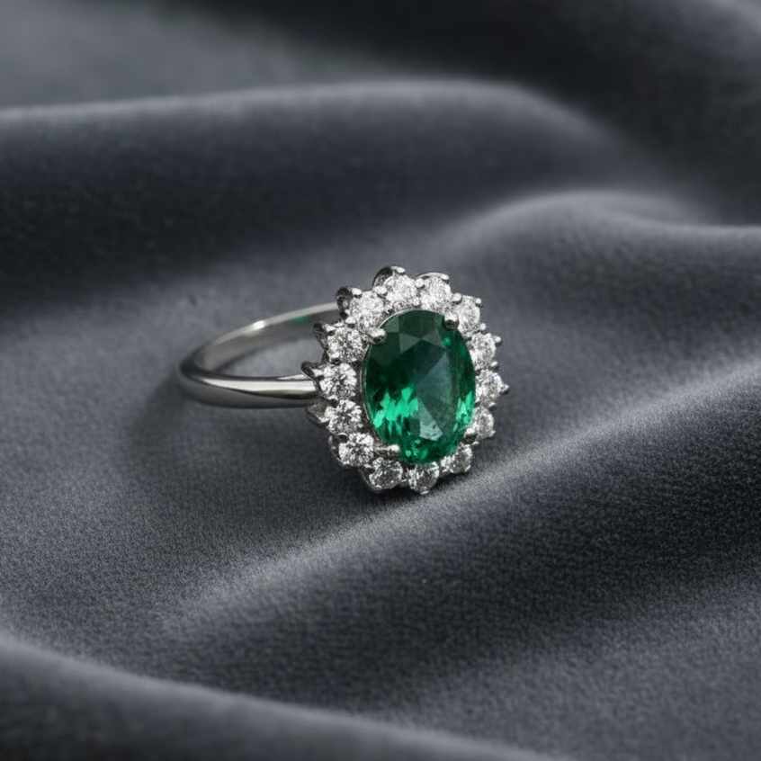 Varianti anello modello Principessa in argento con pietre verde smeraldo e rosso rubino.