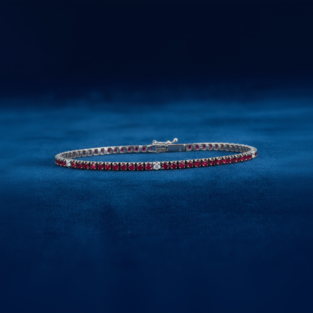 Bracciale tennis Art MiD in oro 18kt con rubini rossi e diamanti bianchi su velluto blu a onde.