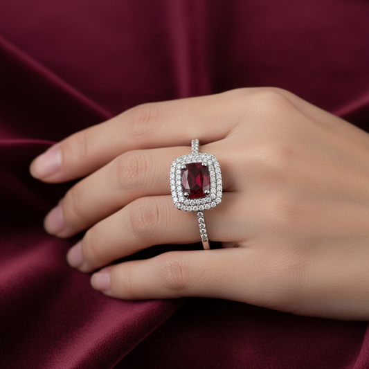 Dettaglio montatura a corona con pietra rossa in oro bianco 750 su velluto bordeaux.