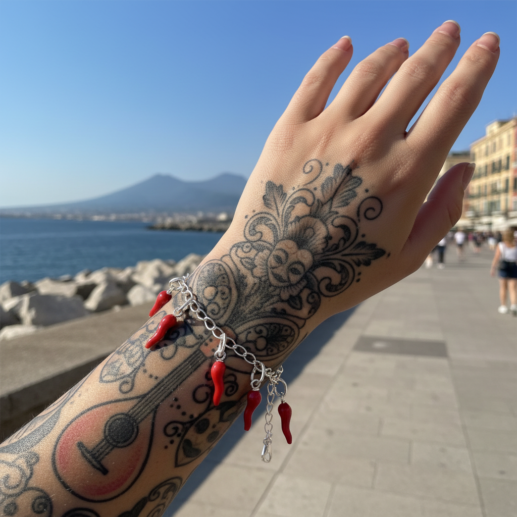 Dettaglio del cornetto rosso smaltato e della maglia in argento 925 del bracciale ArtMID.