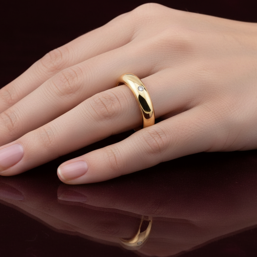 Dettaglio diamante naturale 0.05 carati incastonato su fede oro giallo 18 carati da 5g.