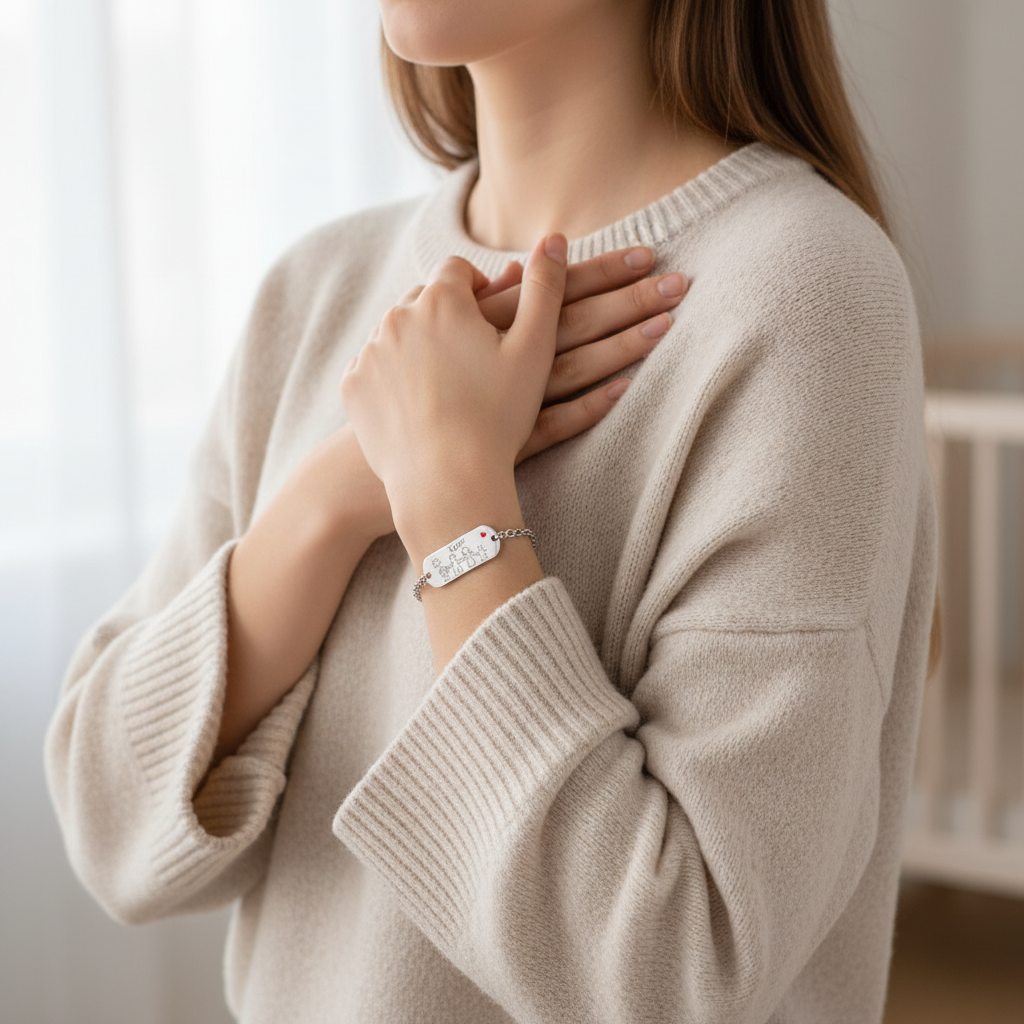 Primo piano dell'incisione nomi famiglia su piastra in argento 925 del bracciale ArtMID.