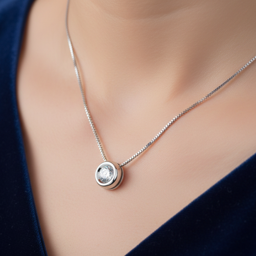 Dettaglio ciondolo cipollina oro bianco 2,05g con diamante 0,30ct su astuccio effetto onda..