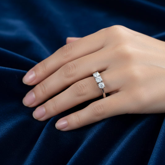 Dettaglio montatura a tre pietre Trilogy in oro 750 peso 2,50g su astuccio effetto onda.