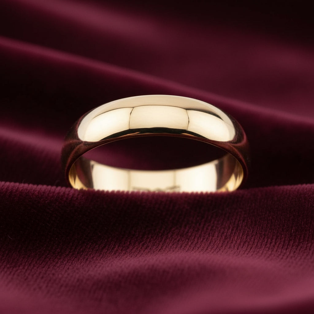 Fede nuziale mantovana in oro giallo 18kt da 5 grammi, produzione artigianale Art MiD Gioielli su velluto bordeaux a onde.