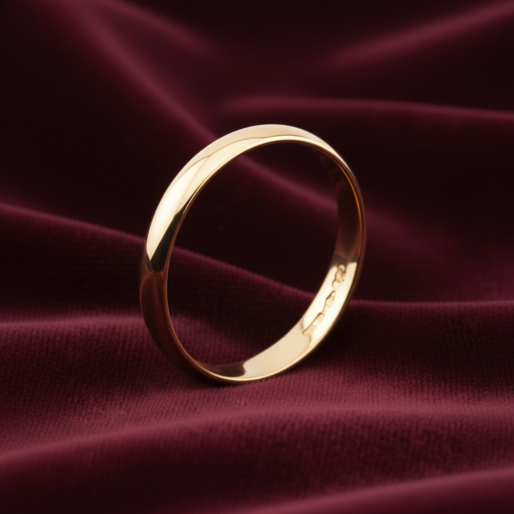 Dettaglio fede leggera 2 grammi in oro giallo 18 carati con incisione personalizzata.