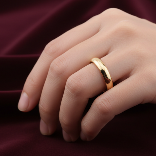 Dettaglio fede leggera 2 grammi in oro giallo 18 carati indossata