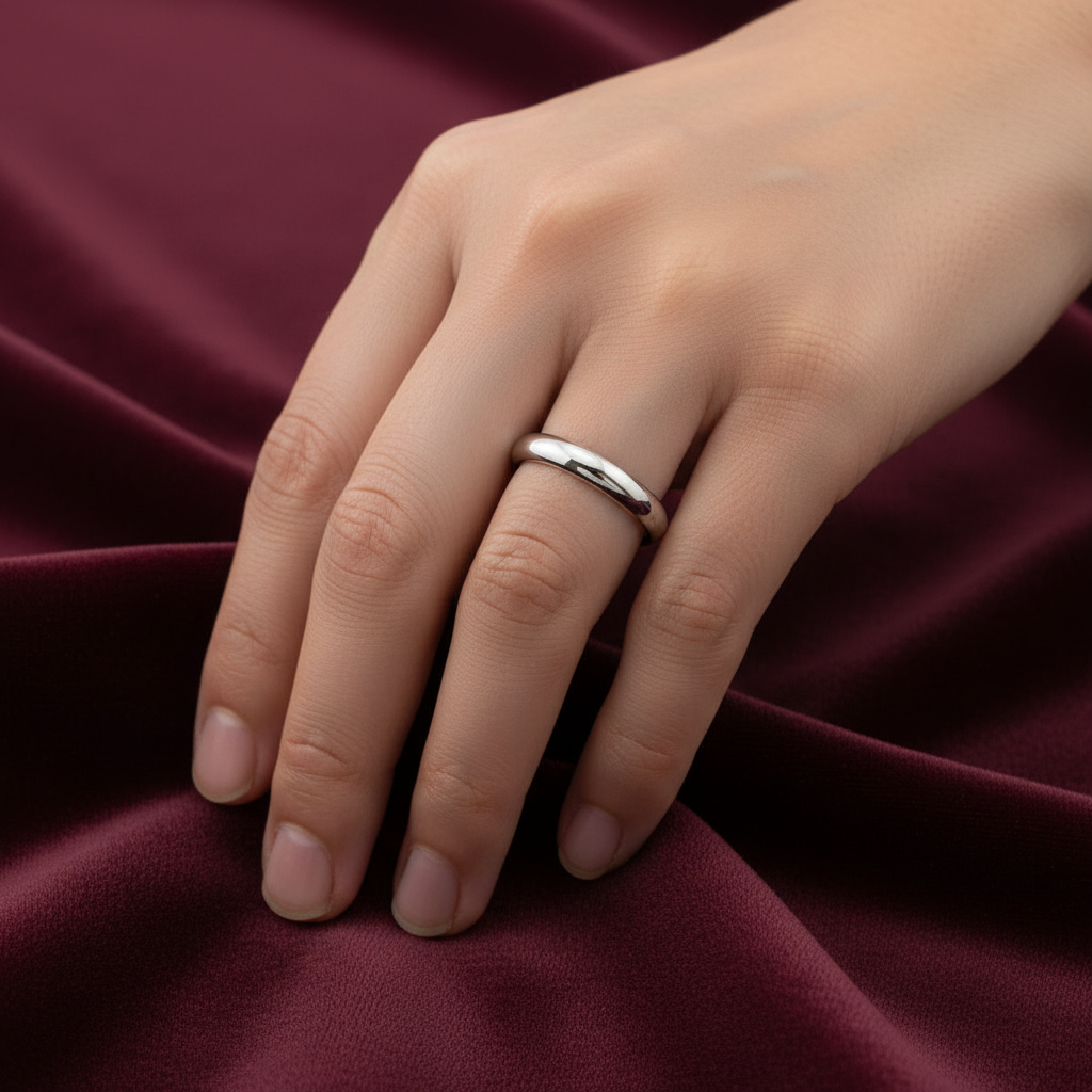 Fede nuziale classica indossata sottile in oro bianco 18kt da 2 grammi (2mm), produzione Art MiD Gioielli su velluto bordeaux a onde.