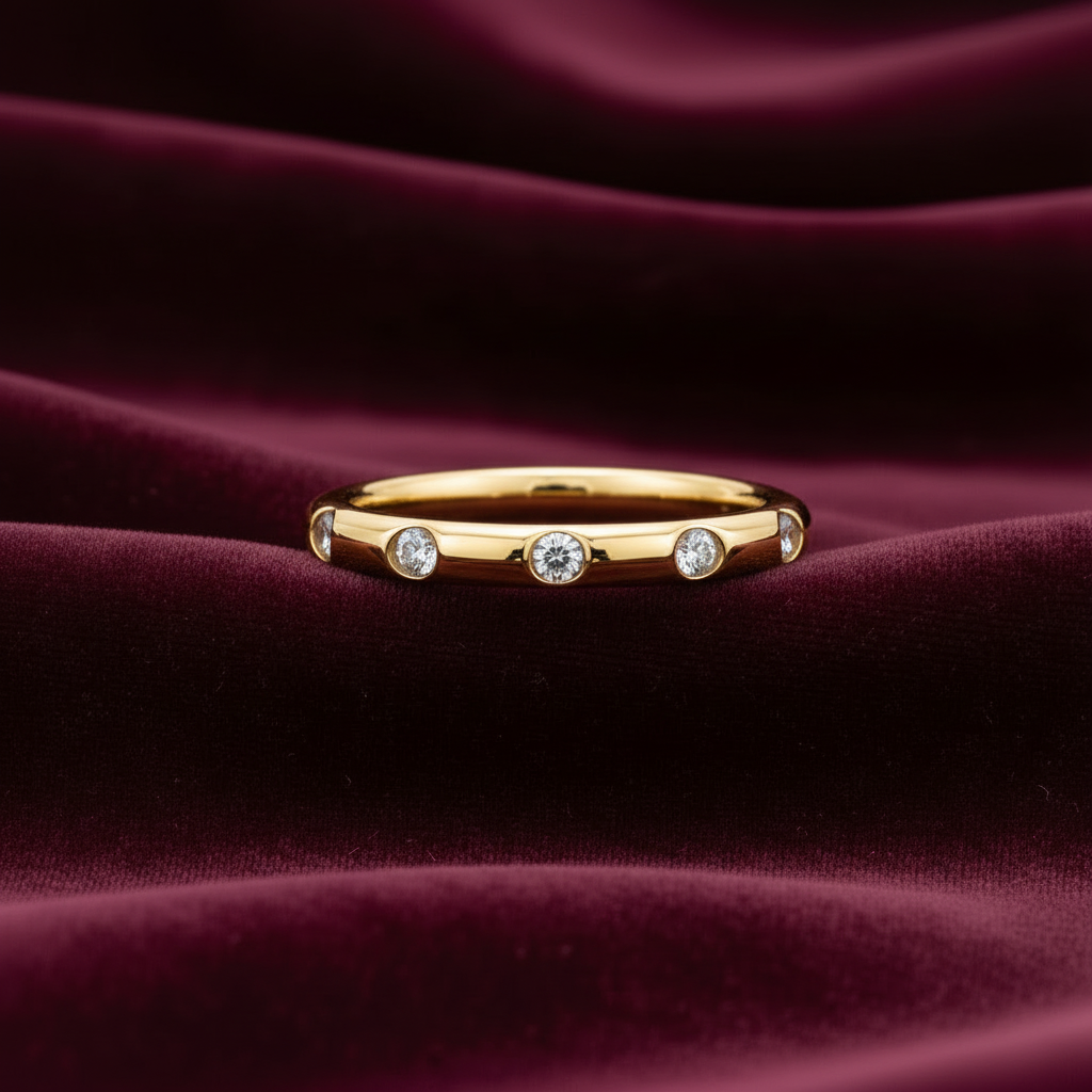 Fede classica in oro giallo 18kt con diamanti naturali su sfondo bordeaux.