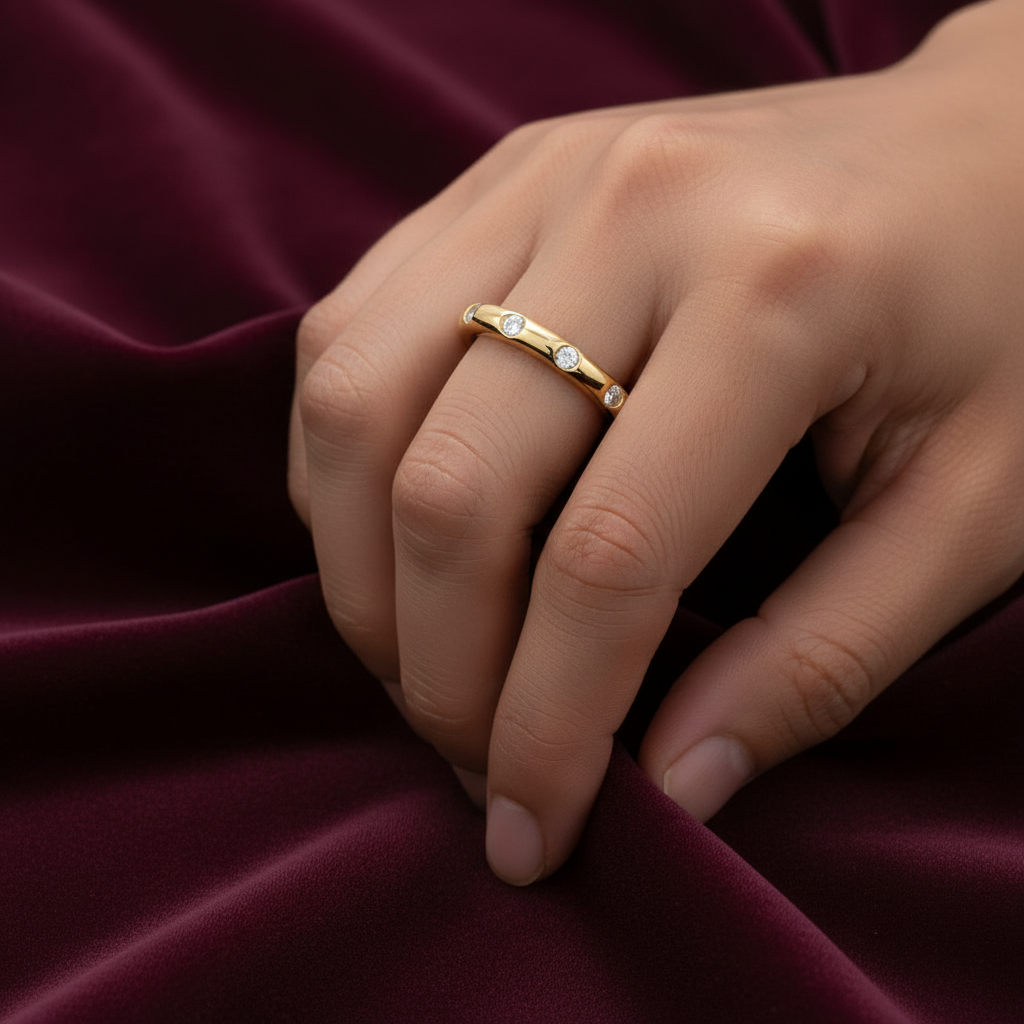 Fede classica in oro giallo 18kt con diamanti naturali su sfondo bordeaux.