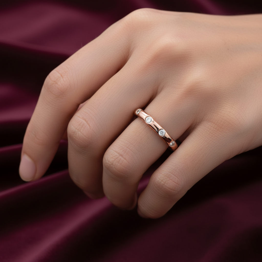 Fede moderna in oro rosa 18kt con diamanti su velluto bordeaux a onde.