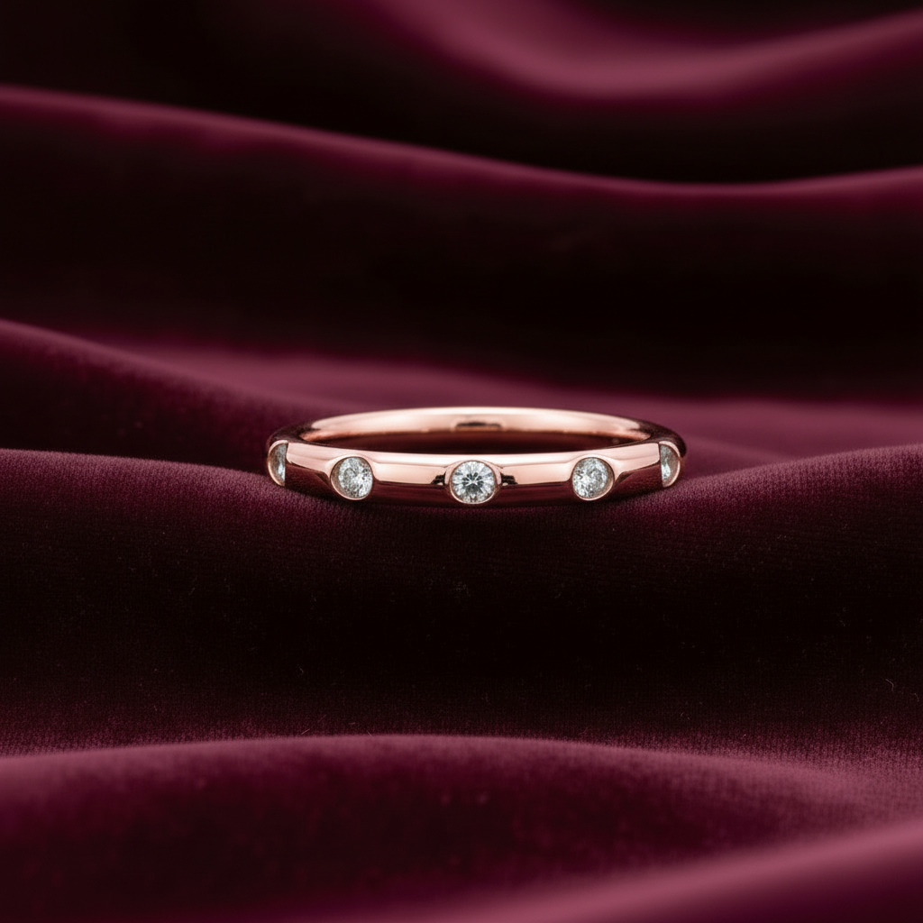 Fede moderna in oro rosa 18kt con diamanti su velluto bordeaux a onde.