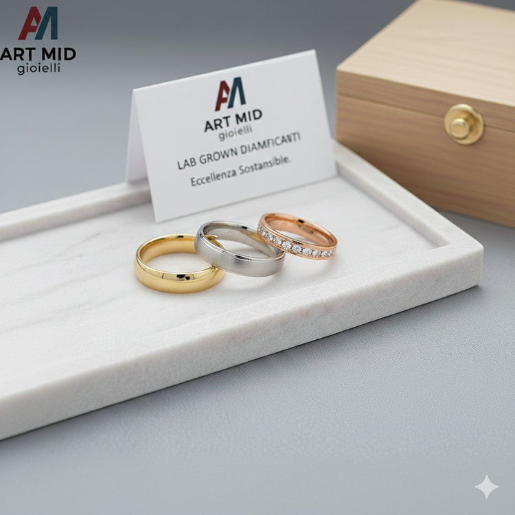 Coppia di fedi nuziali artigianali in oro bianco 18kt con diamanti Lab Grown incastonati - Art MID Gioielli