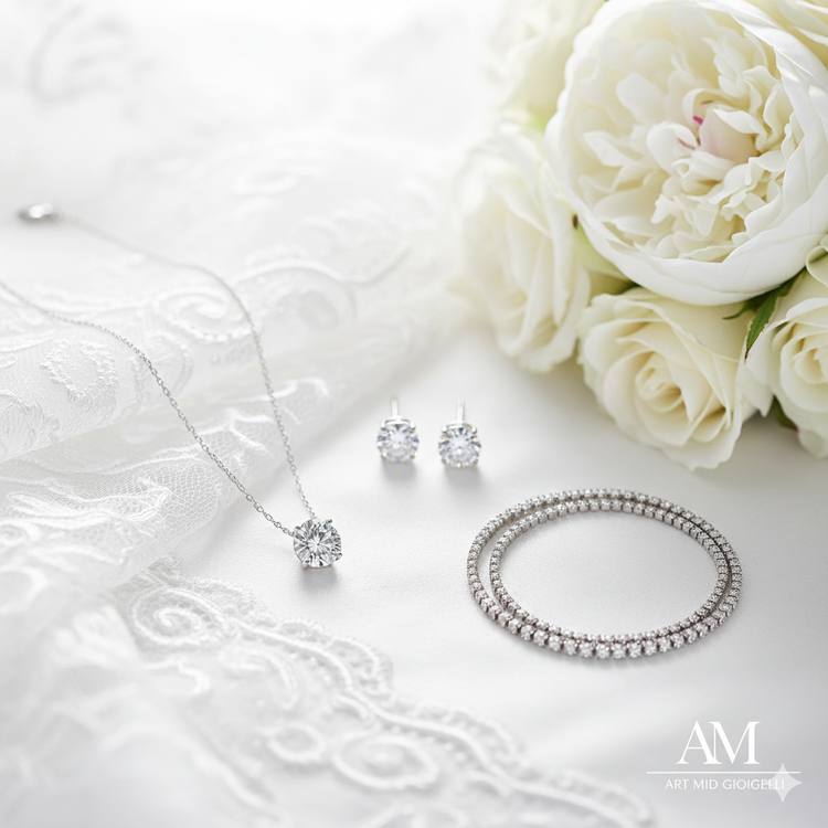 Elegante parure sposa con orecchini e collana punto luce in oro bianco 18kt - Art MID Gioielli