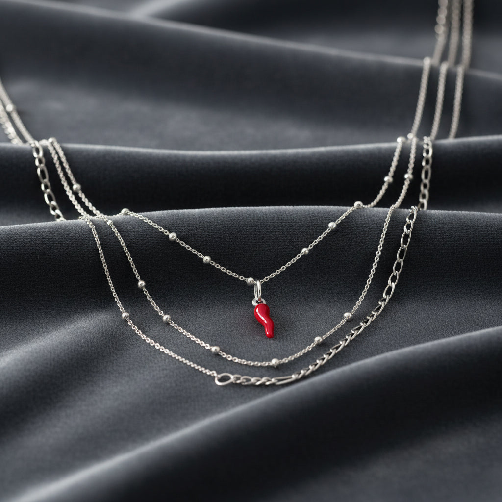 Collana argento sterling 925 sfere corno rosso smaltato portafotuna regalo donna
