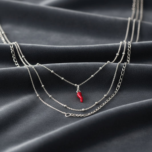 Collana argento sterling 925 sfere corno rosso smaltato portafotuna regalo donna