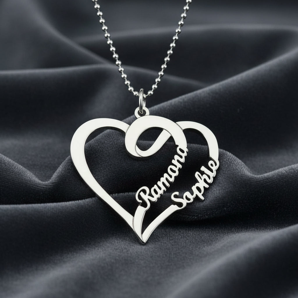 Collana doppio nome con cuore argento 925 rodiato donna