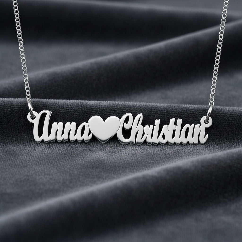 Collana doppio nome cuore argento sterling 925 rodiato anallergico ragazza donna