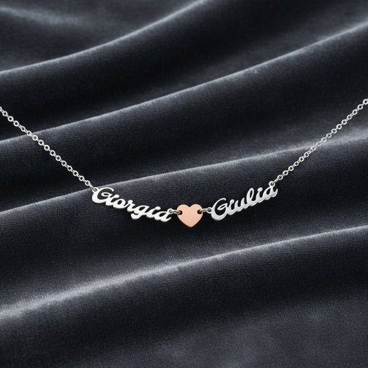 Collana doppio nome con cuore argento sterling 925 rodiato anallergico regalo