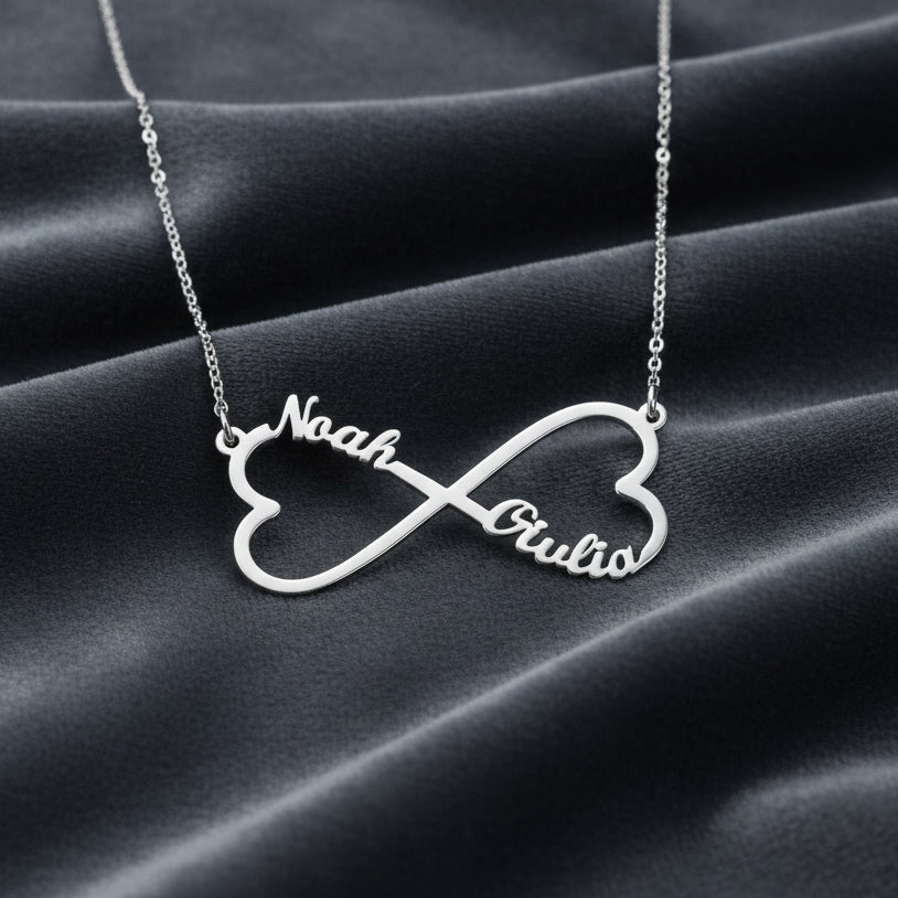 Collana infinito con nome Argento 925 rodio cuore scritta due nomi regalo donna