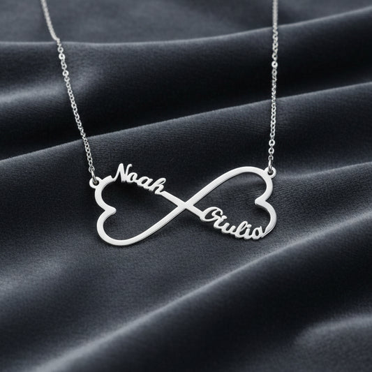 Collana infinito con nome Argento 925 rodio cuore scritta due nomi regalo donna