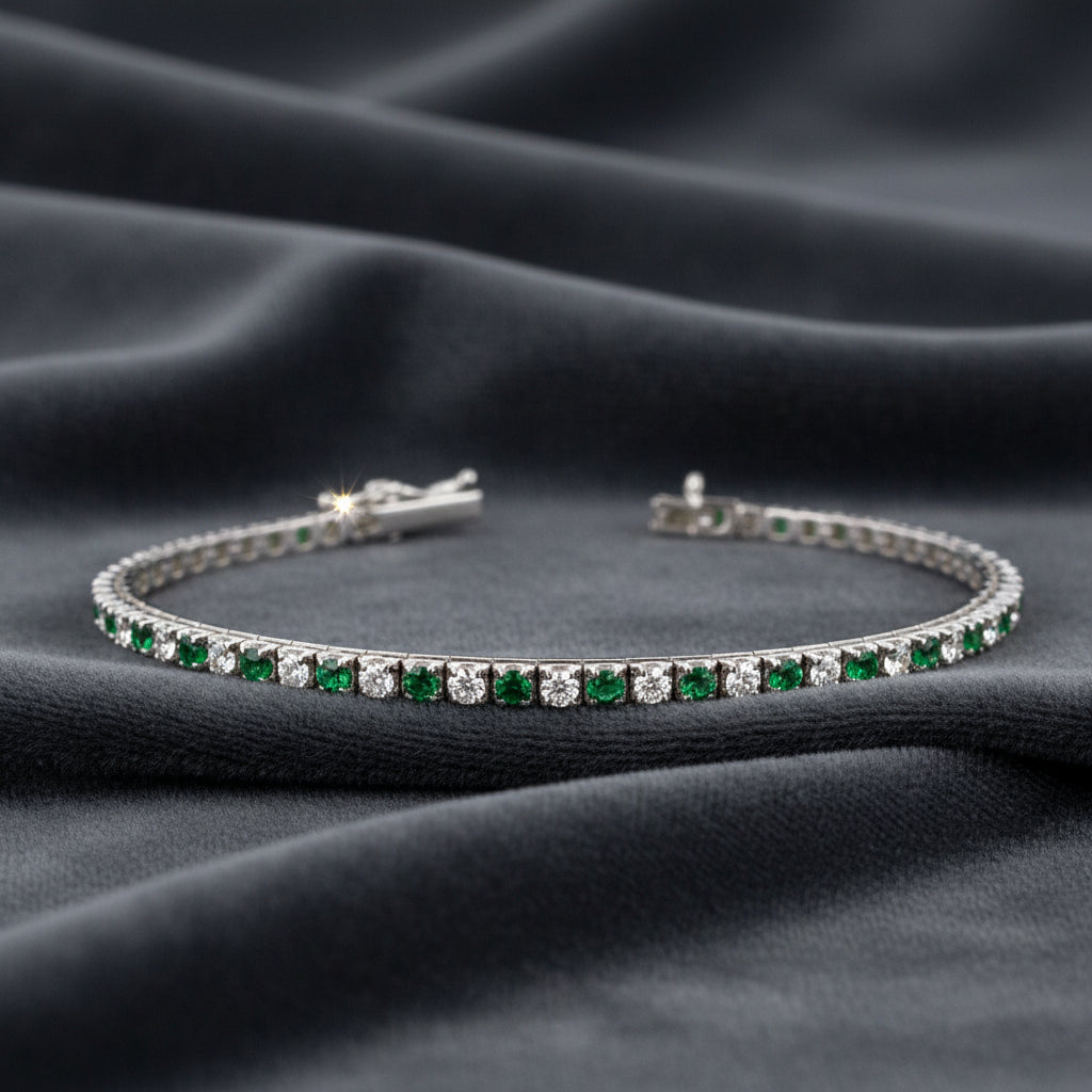 Bracciale Argento Sterling 925 Tennis con zirconi taglio brillante uomo donna Bianco Verde