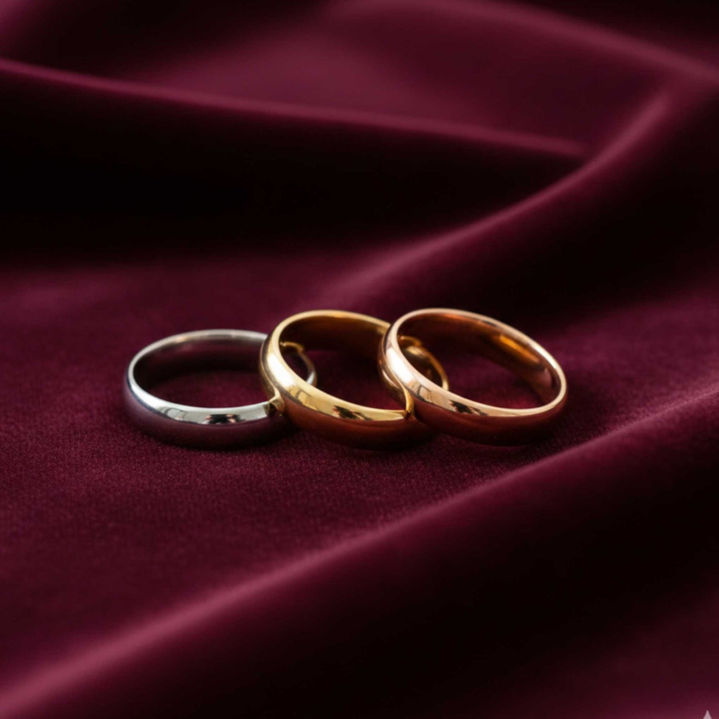 Tris di fedi nuziali classiche Art MiD gioielli in oro giallo, bianco e rosa 18kt su velluto bordeaux