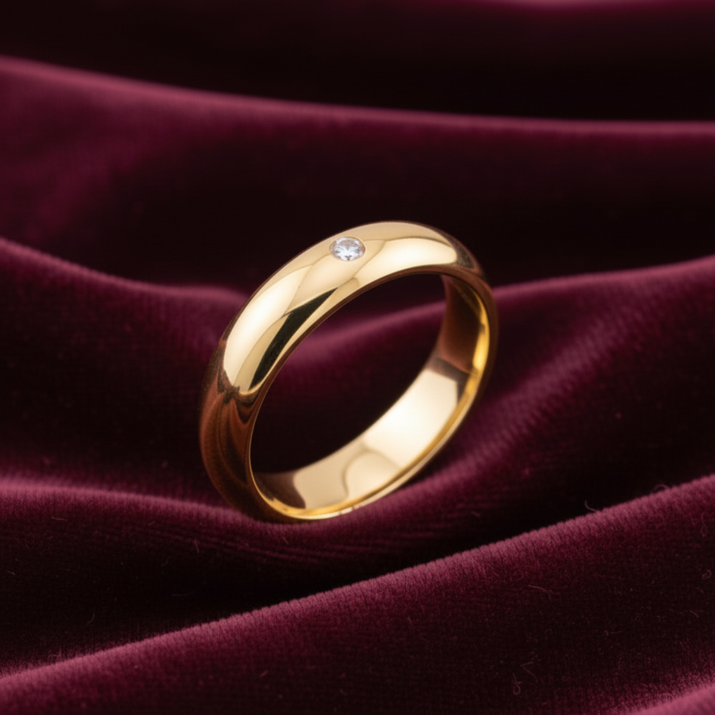 Fede nuziale in oro 18kt da 7 grammi (5mm) con diamante naturale 0.05ct, produzione Art MiD Gioielli su velluto bordeaux a onde.