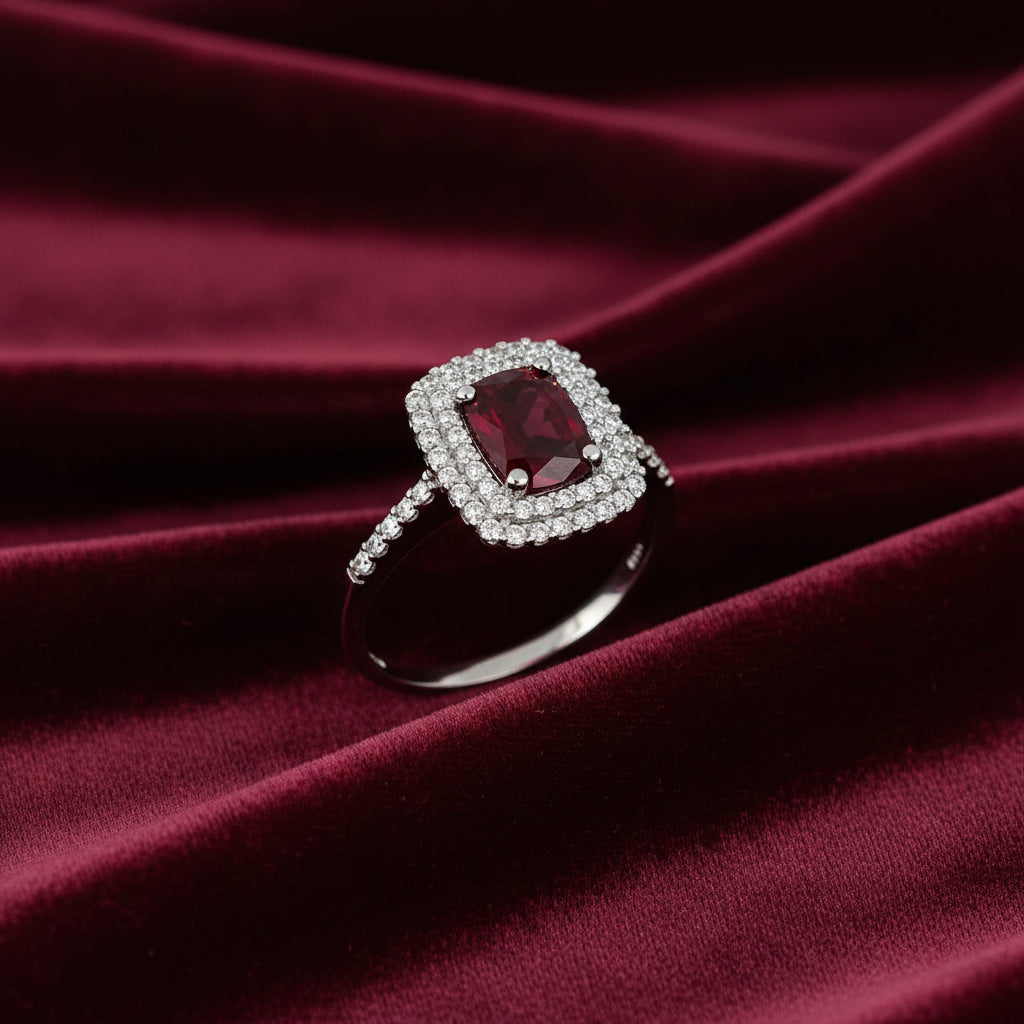 Anello modello Kate in oro bianco 18kt con pietra rossa ovale e zirconi Art MID Gioielli.