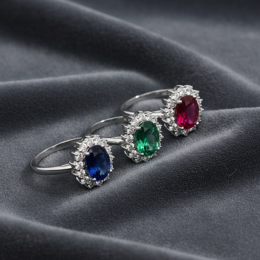 Anello Principessa in argento 925 con zircone ovale blu e contorno di punti luce bianchi.