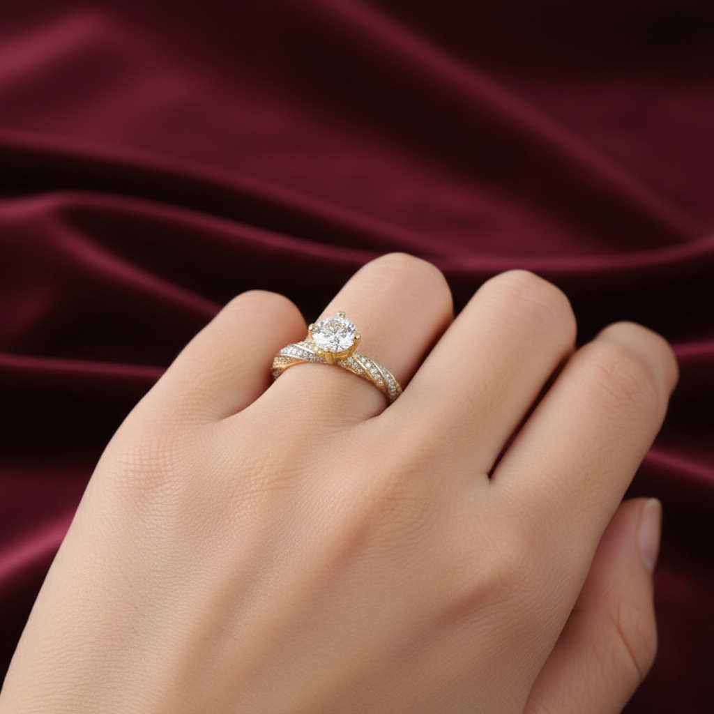 Anello Solitario "Starlight" in Oro 18kt con Contorno di Zirconi – Art MID Gioielli