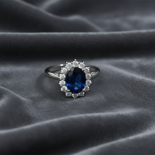 Anello Principessa in argento 925 con zircone ovale blu e contorno di punti luce bianchi.