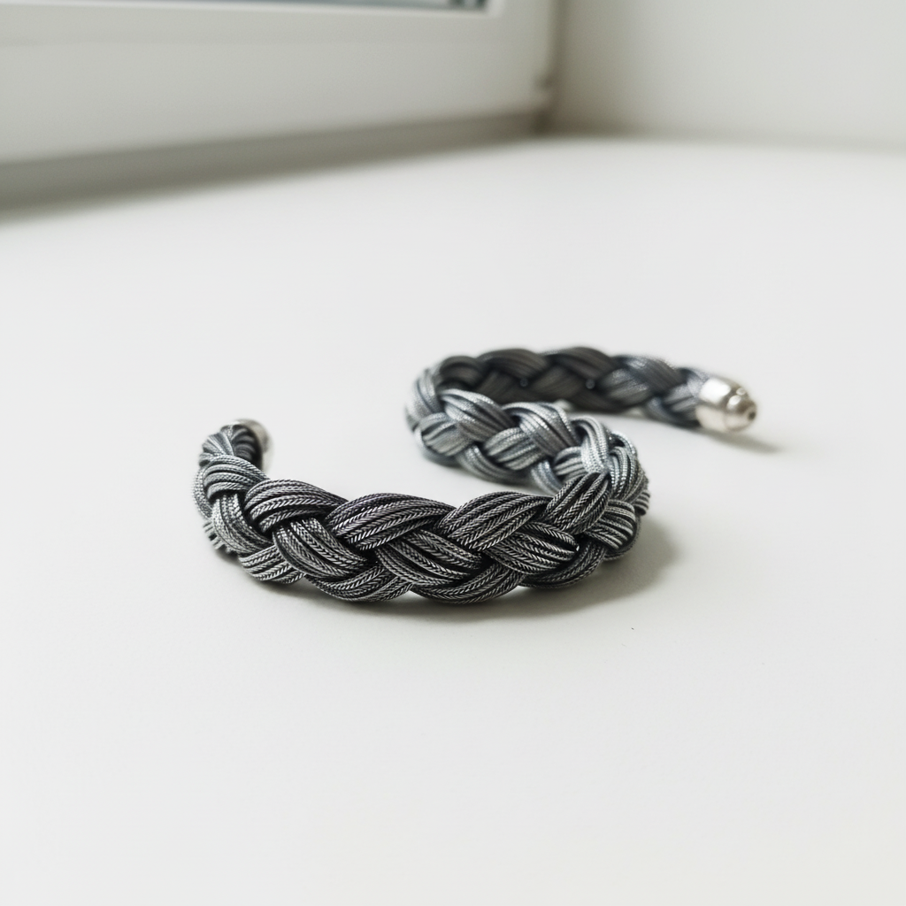 Bracciale massiccio a treccia in argento 925 da 100 grammi su velluto grigio antracite a onde.