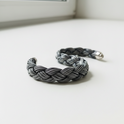 Bracciale massiccio a treccia in argento 925 da 100 grammi su velluto grigio antracite a onde.