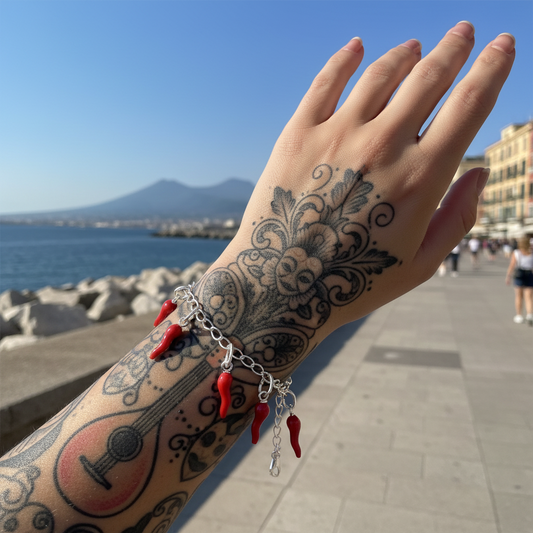 Dettaglio del cornetto rosso smaltato e della maglia in argento 925 del bracciale ArtMID.