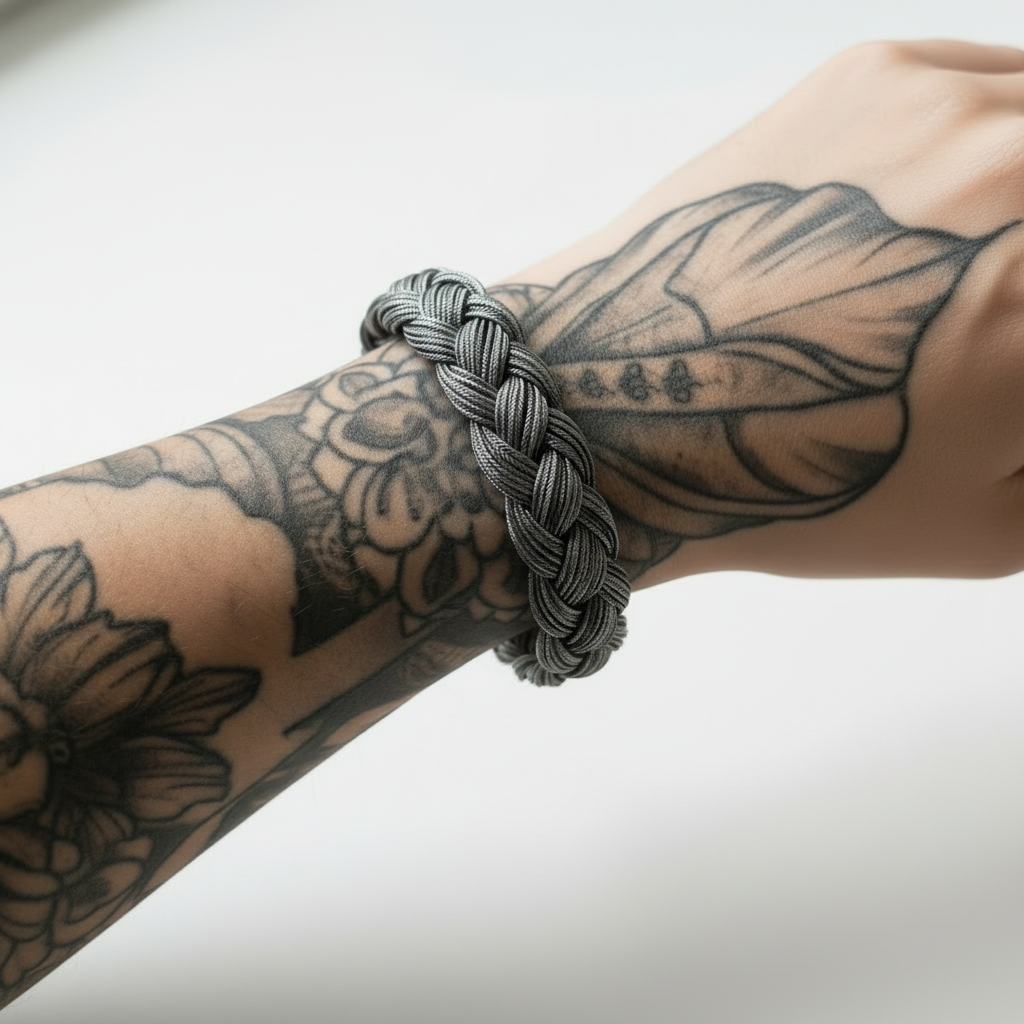 Primo piano della lavorazione artigianale a treccia del bracciale in argento massiccio ArtMID.
