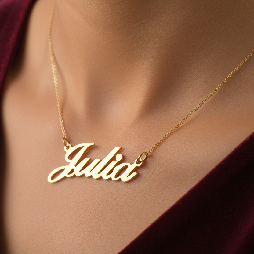 Dettaglio nome personalizzato su collana in oro giallo 750 peso 2,20g su astuccio effetto onda.