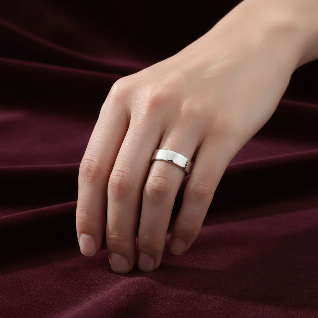 Dettaglio fede piatta 7mm in oro bianco 18 carati lucida produzione ArtMID.