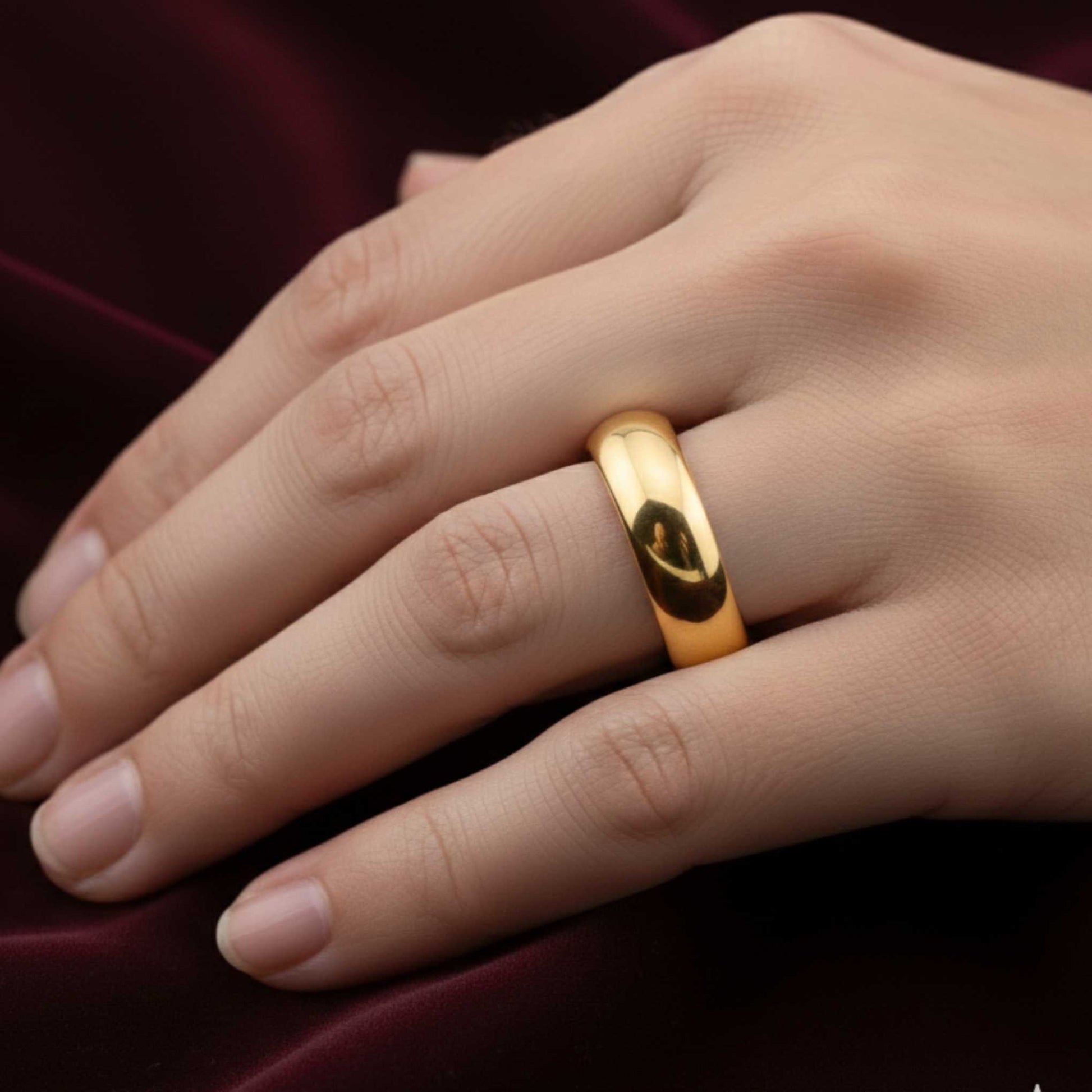 Particolare della finitura lucida su fede larga in oro rosa 18kt.