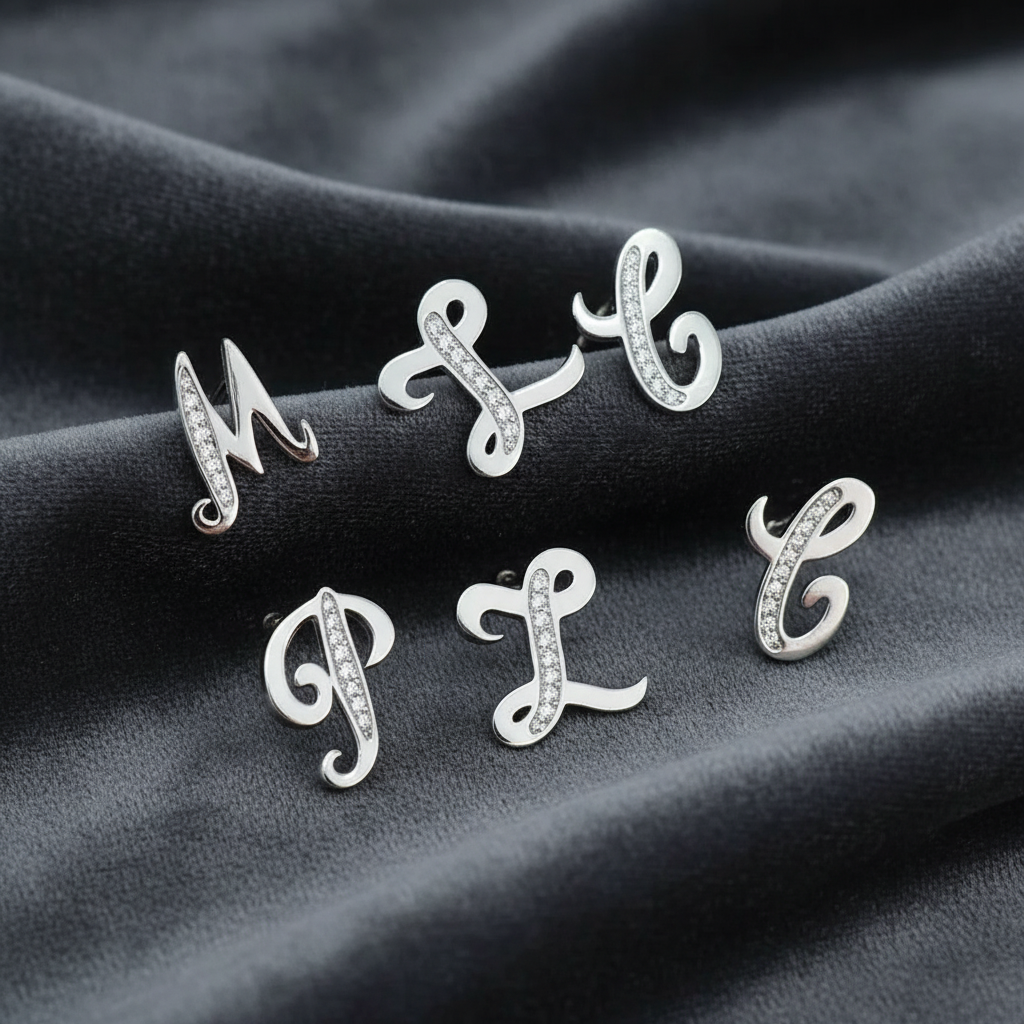Orecchini a lobo Art MiD a forma di lettera iniziale in argento 925 e zirconi su velluto grigio antracite a onde.