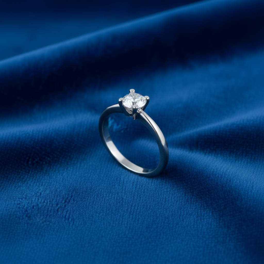 Anello solitario in oro bianco 18kt con diamante naturale da 0.16 carati taglio brillante fatto a mano ArtMID Gioielli